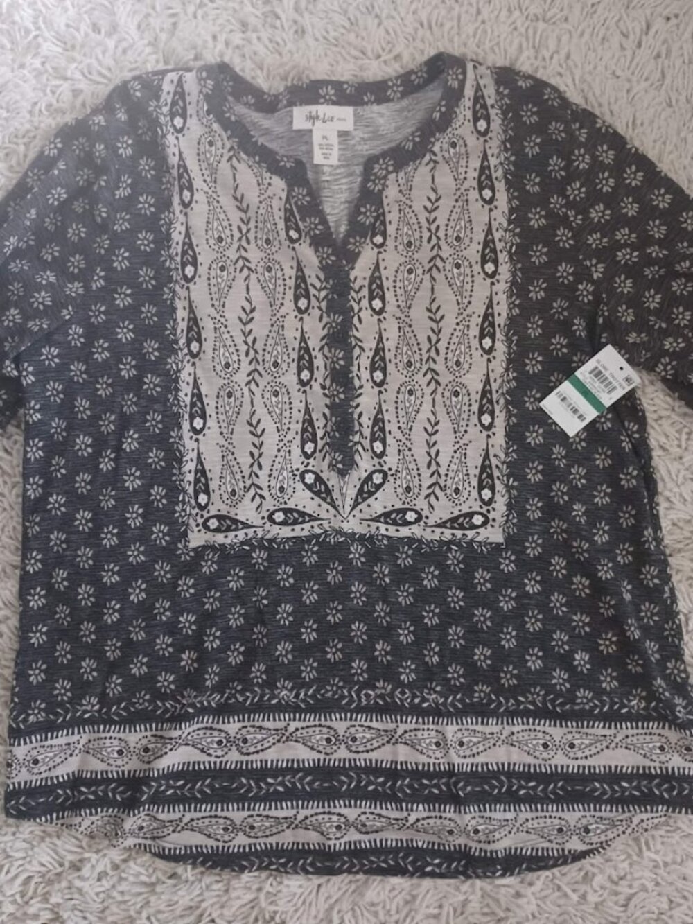 Style & Co Petite PL Boho Tunic Top Black Cream Paisley Floral 3/4 Sleeve NWT